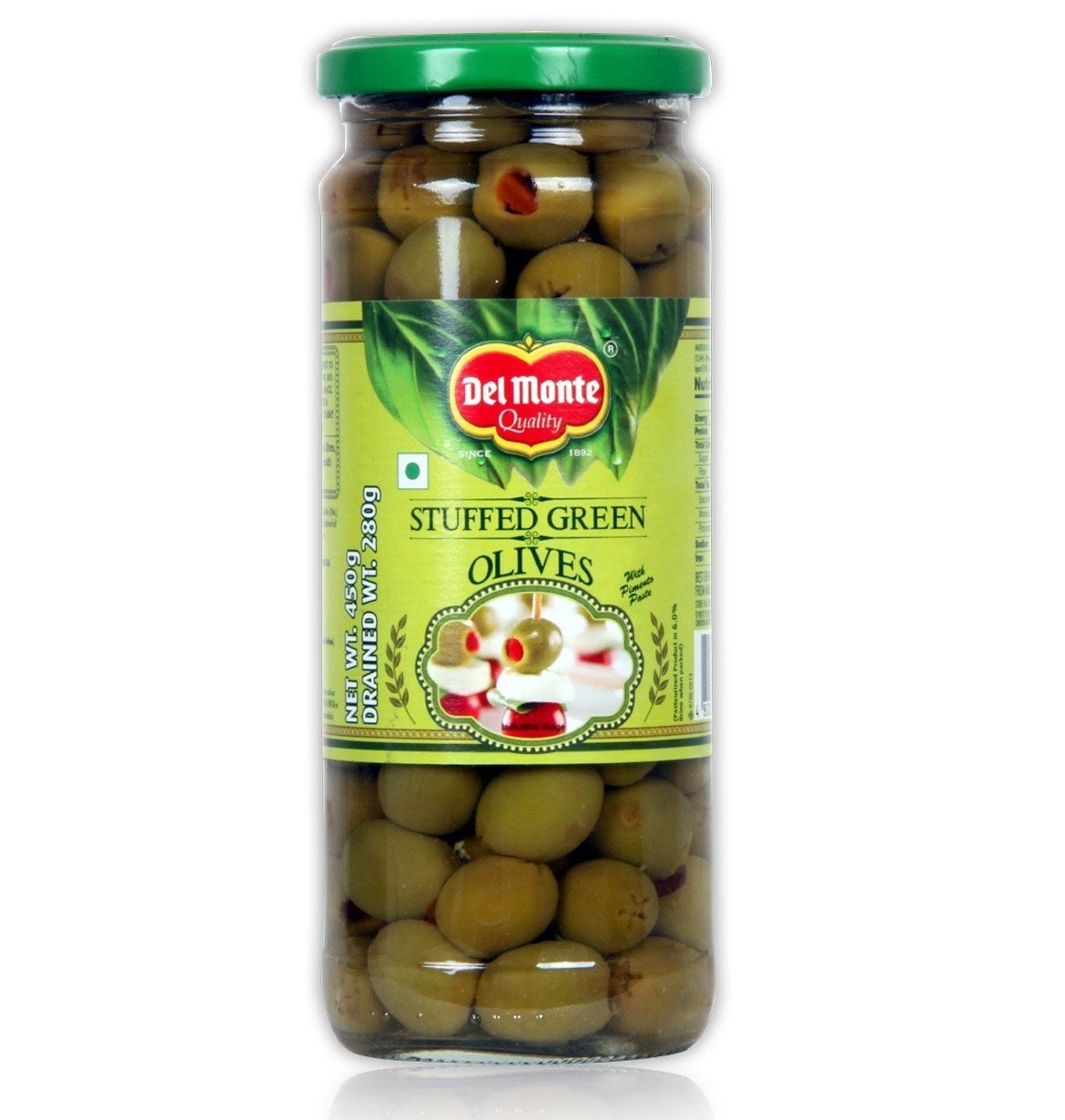 DELMONTE GREEN STUFFED OLIVES 450 GMS